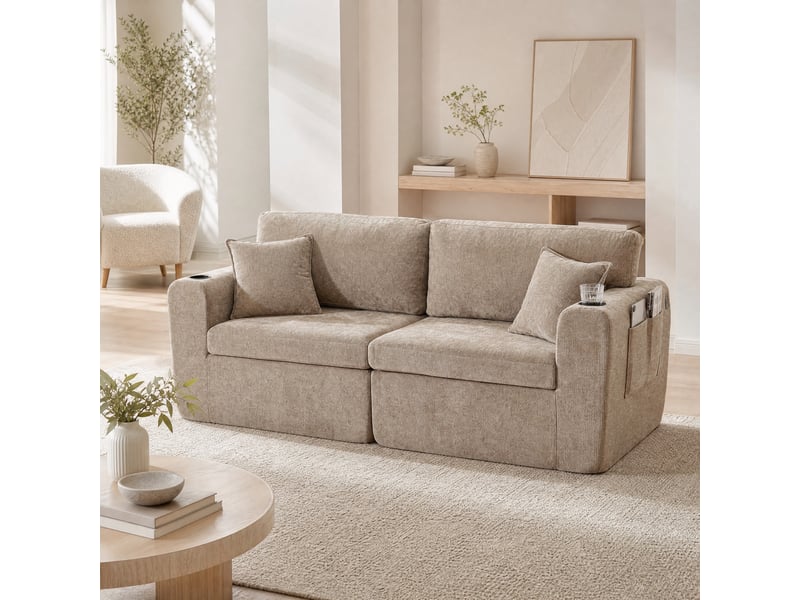  Canapé droit 2 places avec ports usb, poches latérales et porte-gobelets  - coussins chenille marron  - Conforama B