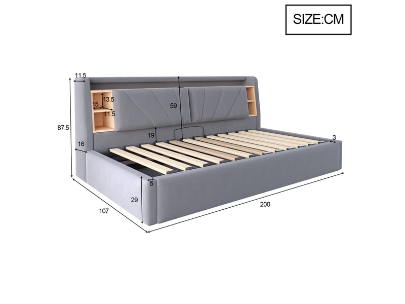  Lit simple 90x200 cm avec rangement hydraulique, tête de lit avec led, usb et étagères, lit rembourré en velours avec coffre de rangement - gris  - Conforama C