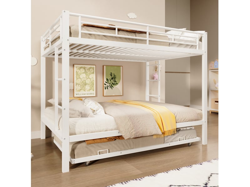  Lit superposé enfant 140 x 200 cm en métal blanc avec lit gigogne  - Conforama C