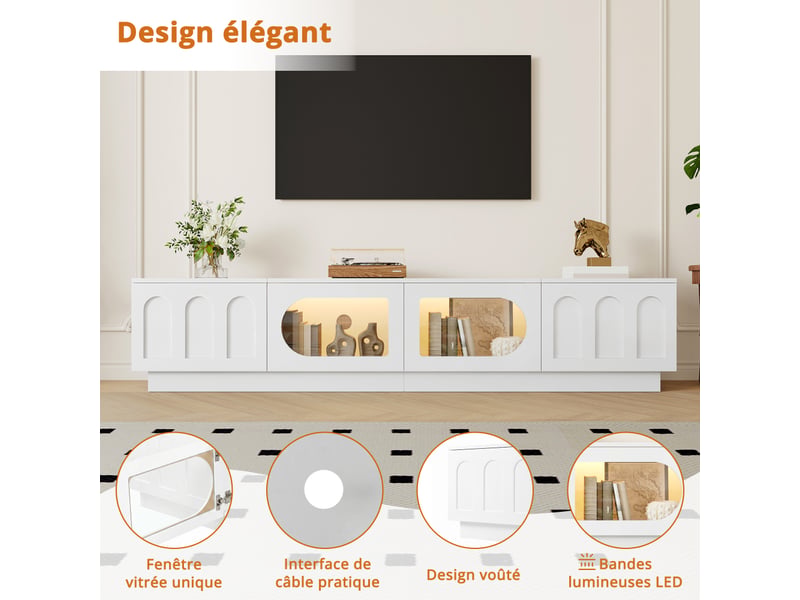  Meuble tv 200 x 40 x 42 cm blanc mdf avec portes vitrées et led via application pour salon  - Conforama C