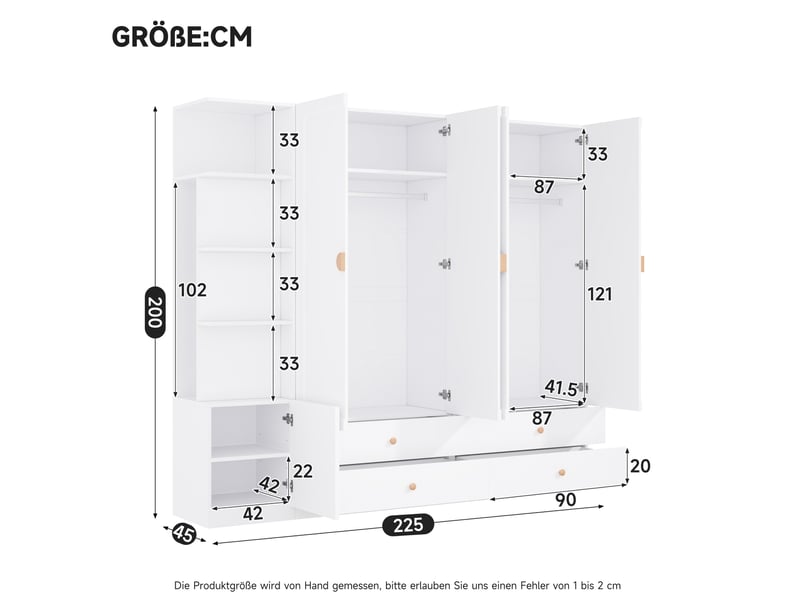  Armoire 5 portes, 3 tringles, 4 tiroirs 225x45x200 cm blanche  - Conforama C