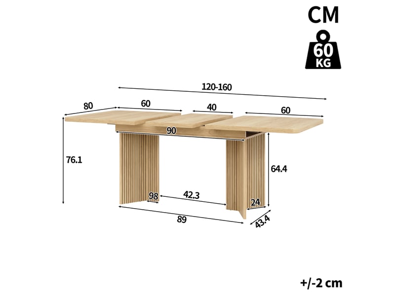 Table à manger extensible, 120 à 160 cm, rectangulaire, mdf, naturel, plateau extensible de 120 à 160 cm - Conforama C