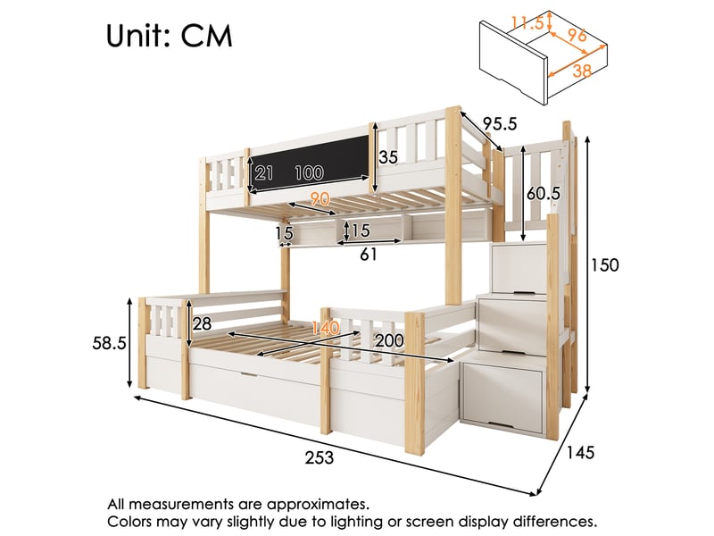  Lit superposé 3 places 90x200 et 140x200 cm avec rangement et tiroirs, blanc et naturel  - Conforama C