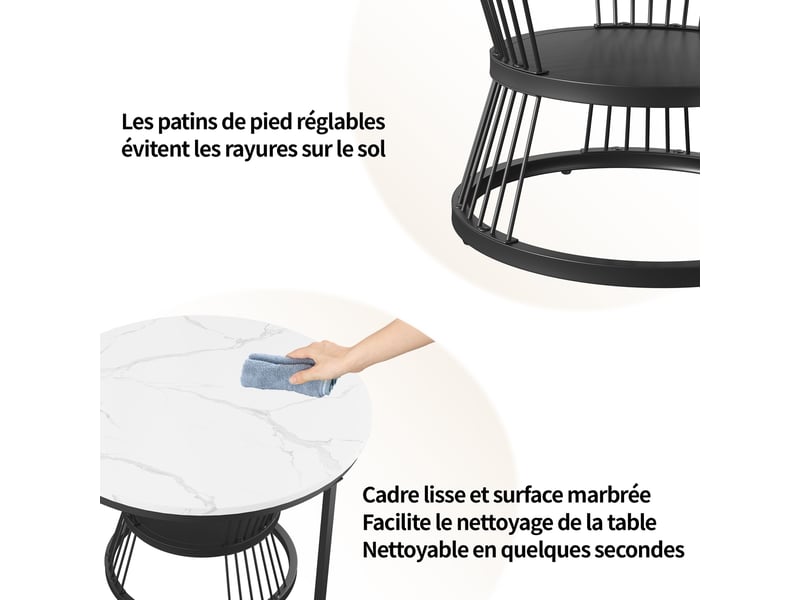  Lot de 2 tables basses - ø70x45,5cm &amp; ø45x40cm - tables gigognes rondes effet marbre &amp; pieds métal - noir et blanc  - Conforama D