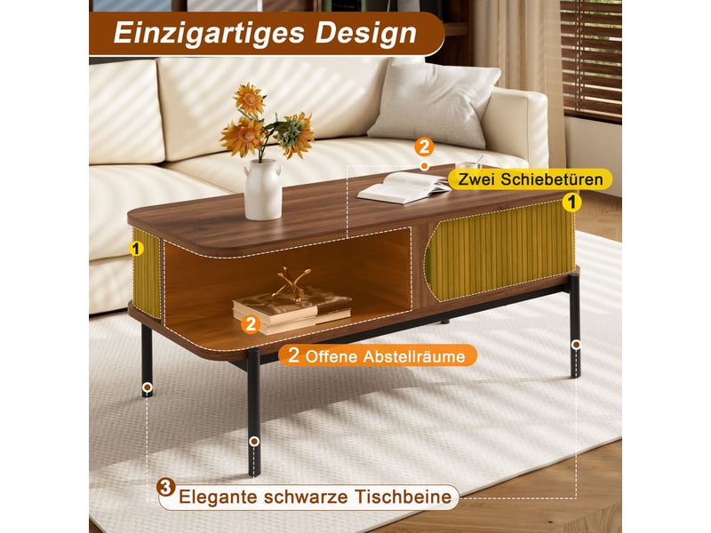  Table basse noyer 100x45x43cm rangement portes portes coulissantes coins arrondis brillant mdf salon rangement pratique moderne  - Conforama C