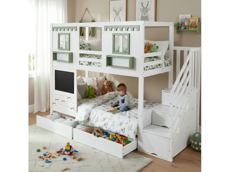  Lit superposé enfant 90x200 cm avec rangement, étagères, crochets, chambre d'enfant, mdf, blanc et vert sans matelas  - Conforama B