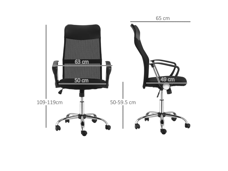  Fauteuil de bureau ergonomique pivotant et à bascule avec roulettes, hauteur réglable et dossier en maille, 63 x 65 x 109-119 cm, noir  - Conforama E