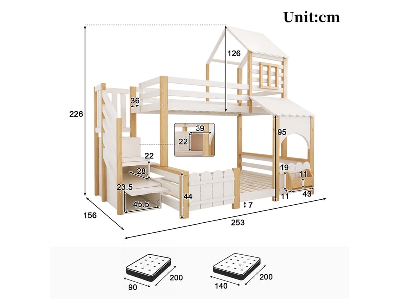 Lit superposé enfant 3 places 90×200 et 140×200 cm, escalier rangement - okmyhome- étagère, sans matelas, bois blanc - Conforama D