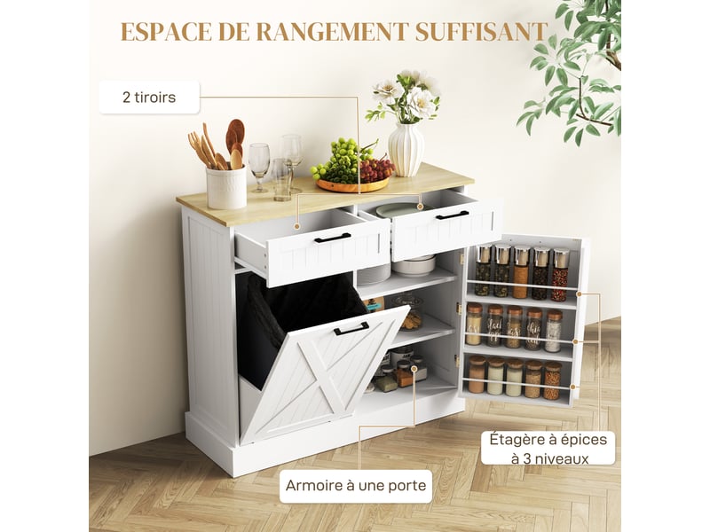  Buffet cuisine avec meuble poubelle 38l, meuble cuisine rangement, 2 tiroirs, étagère à épices et plan de travail, blanc  - Conforama R