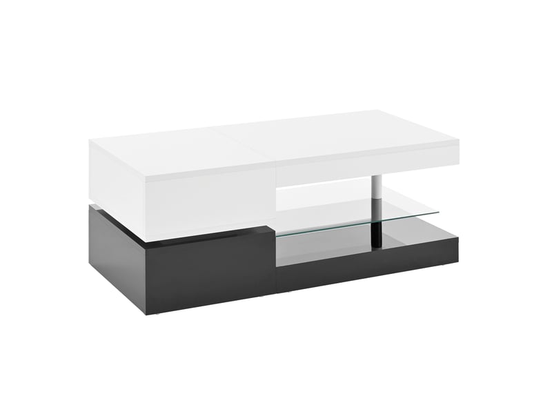 Table basse 90x45x35,5 cm avec led par application, niche et tablette en verre, panneaux de particules brillants, blanc et noir ABC - Conforama A