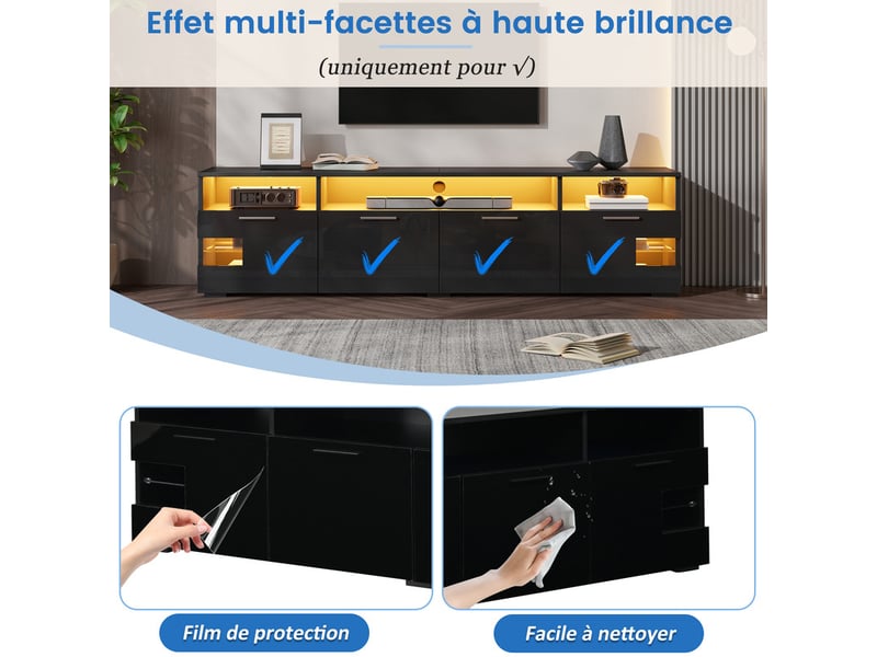  Meuble tv bas, 180 × 35 × 45 cm, noir, avec éclairage led et compartiments ouverts pour le salon  - Conforama E
