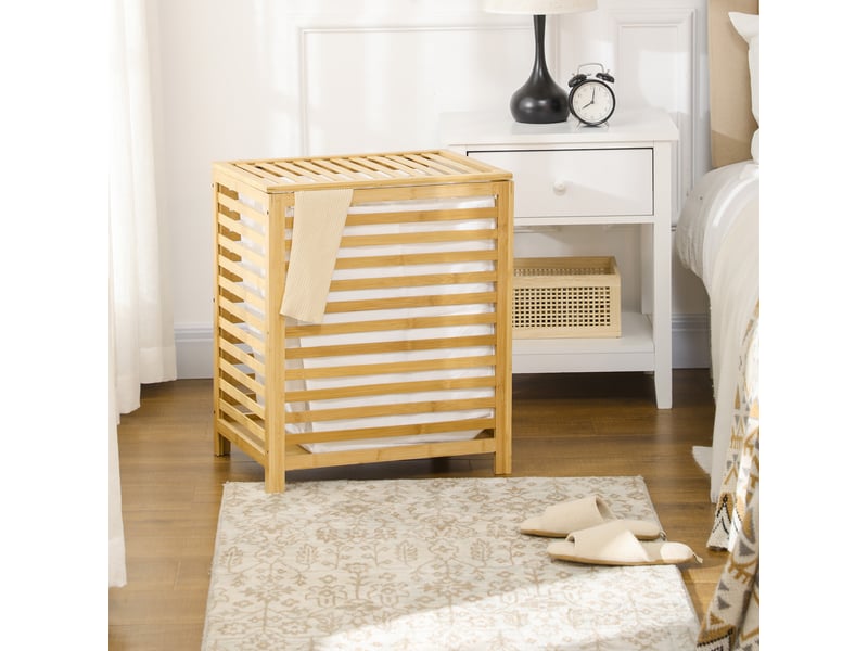  Panier à linge en bambou de 55 l avec couvercle et sac amovible, 50 x 36 x 60 cm, bois naturel  - Conforama B