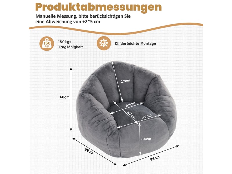  Pouf poire taille moyenne 98 x 98 x 60 cm gris clair, fausse fourrure douce, fauteuil lounge sans montage  - Conforama C