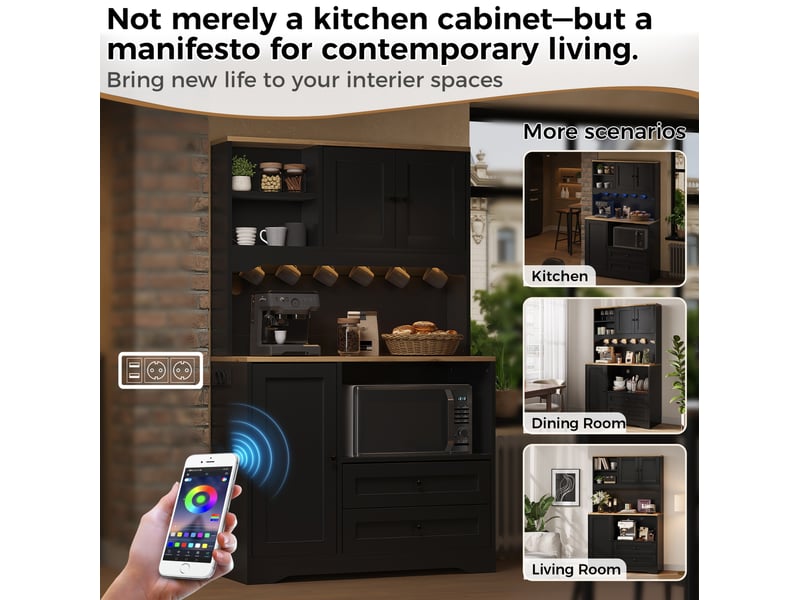  Buffet de cuisine 100x40x163 cm – noir – led réglable, prises et usb, espace micro-ondes et 2 tiroirs  - Conforama E