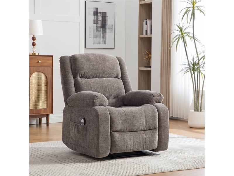  Fauteuil relax électrique - aide au levage, massage vibrant &amp; chaleur - dossier inclinable, porte-gobelets - chenille gris  - Conforama B