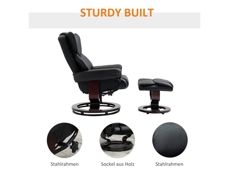  Fauteuil relax avec repose-pieds en simili cuir noir, pivotant à 360 degrés, dossier inclinable à 145 degrés pour le salon  - Conforama B