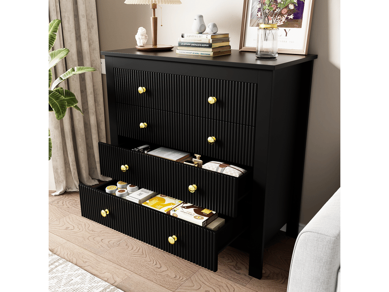  Buffet avec portes d'armoire spéciales et poignées dorées, buffetmeuble à tiroirs noir  - Conforama E
