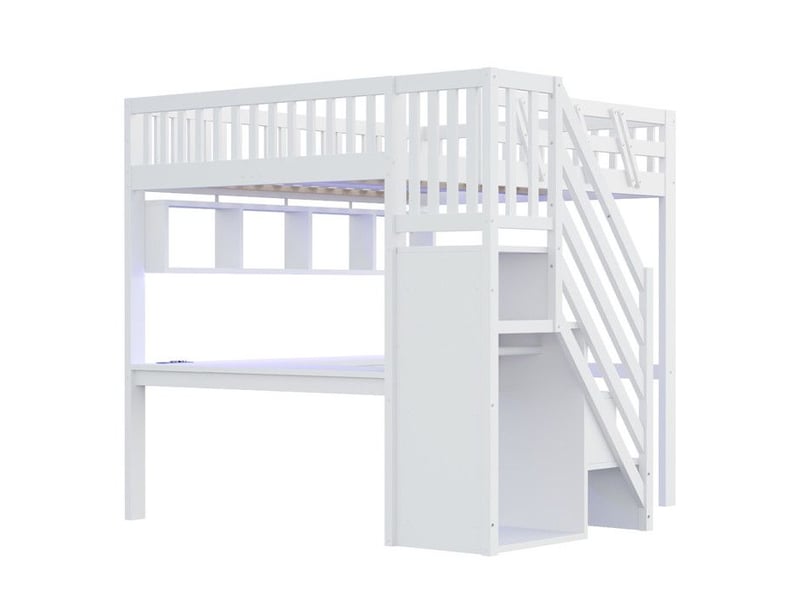  Lit mezzanine en bois massif - 140x200 cm - blanc - escalier avec rangement - bureau intégré - éclairage led 205x193.5x170cm - Conforama D