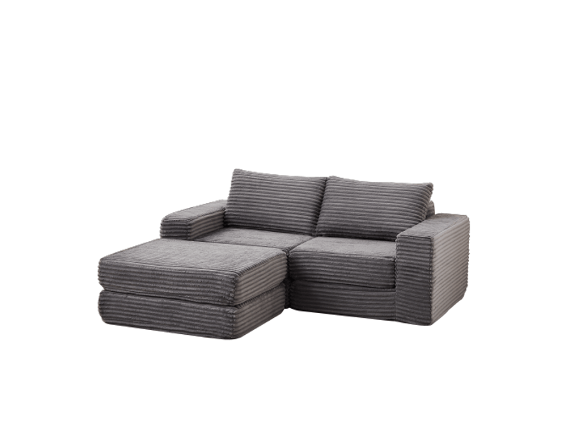 Canapé-lit 2-en-1 en velours côtelé, 2 coussins, accoudoirs carrés, repose-pieds amovible, canapé modulable flexible - Conforama D