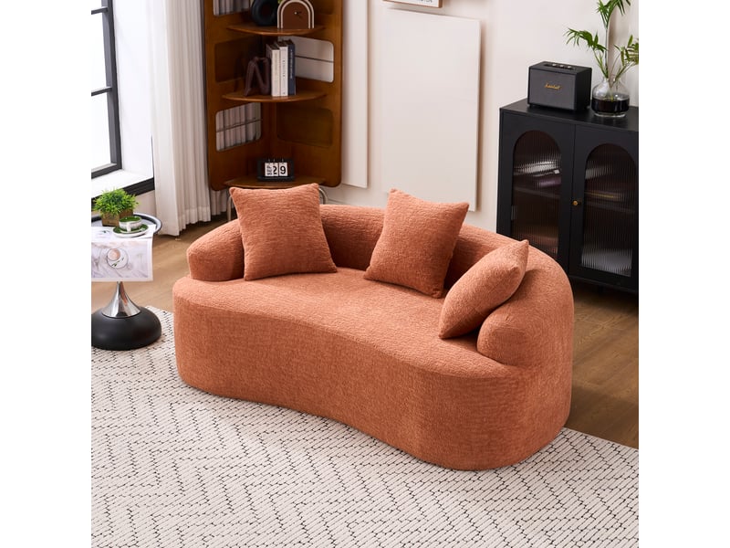  Canapé 2 places incurvé en chenille corail, mousse compressée 30d, 3 coussins, 153 cm, petit espace  - Conforama B