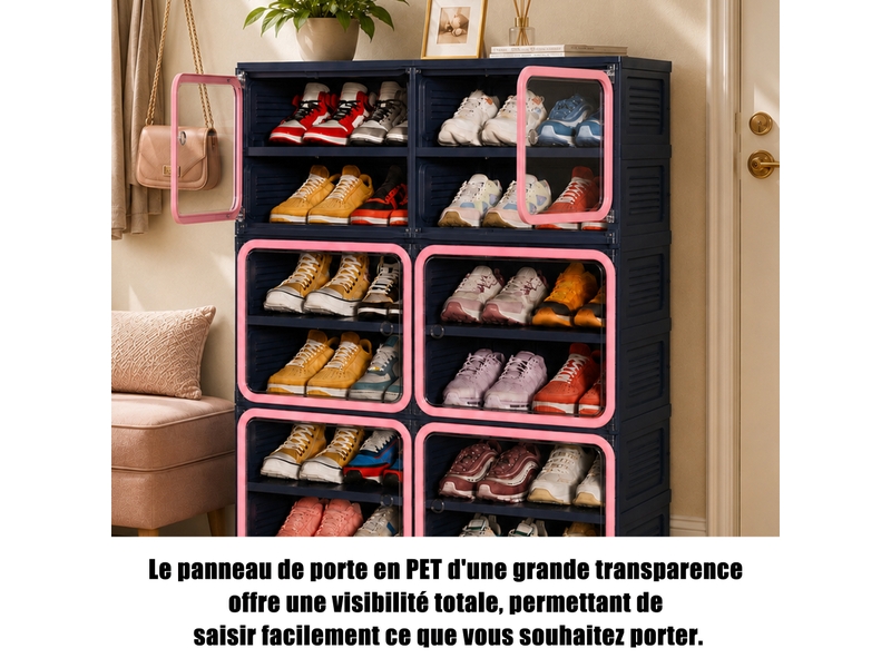  Meuble à chaussures pliable,85×34×104 cm,6 niveaux, 24 paires,porte transparente en pet,matériau pp,style moderne,bleu  - Conforama D