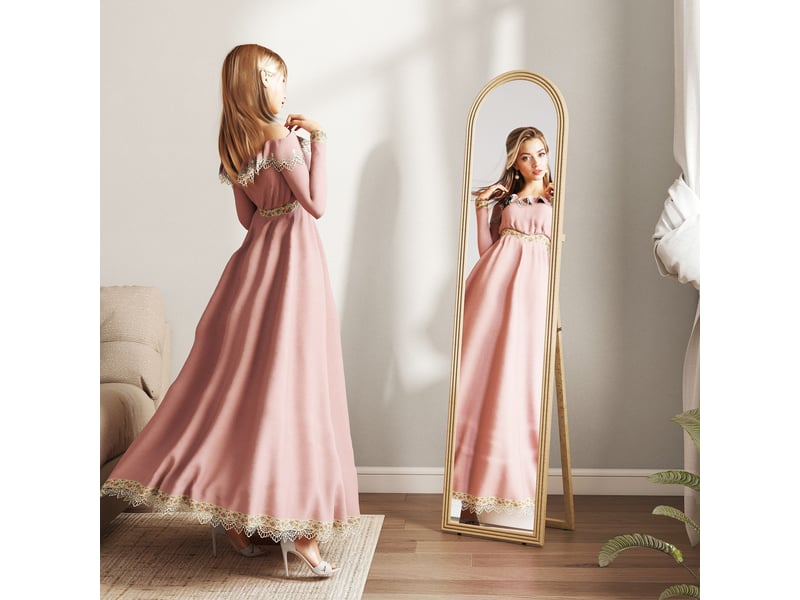  Miroir sur pied et mural pleine longueur avec chevalet, effet pierre et forme arquée, 40 x 160 cm, beige  - Conforama D