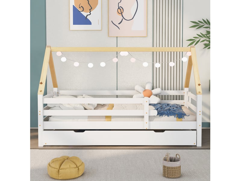  Lit cabane enfant avec lit gigogne 90x200 cm et 90x190 cm, bois, blanc et naturel, sans matelas  - Conforama D