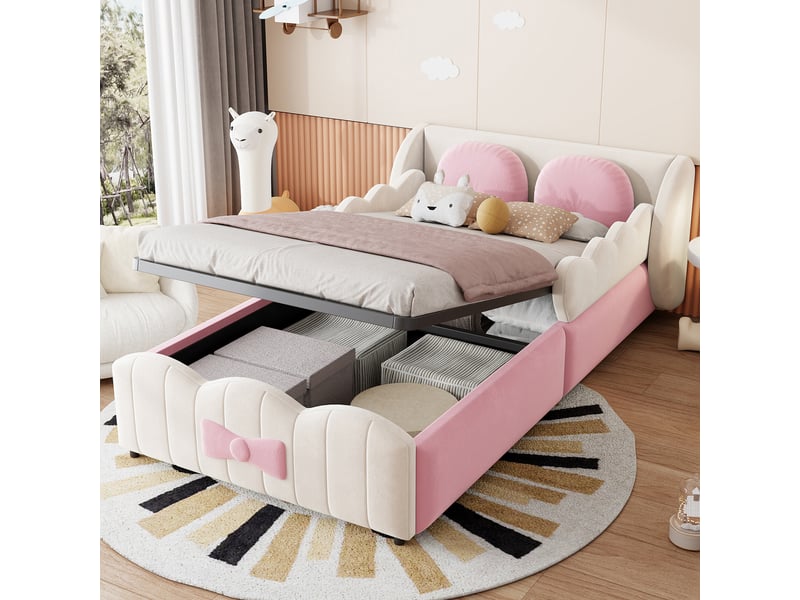  Lit coffre enfant simple 90×200 cm avec rangement hydraulique - okmyhome- velours beige, sans matelas  - Conforama B