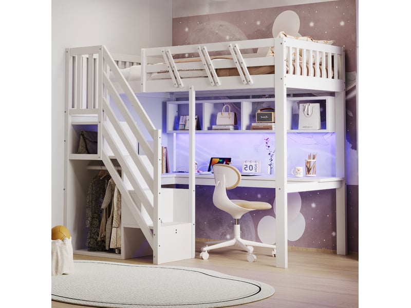 Lit mezzanine 90x200 cm avec bureau, escalier de rangement et led blanc - Conforama B