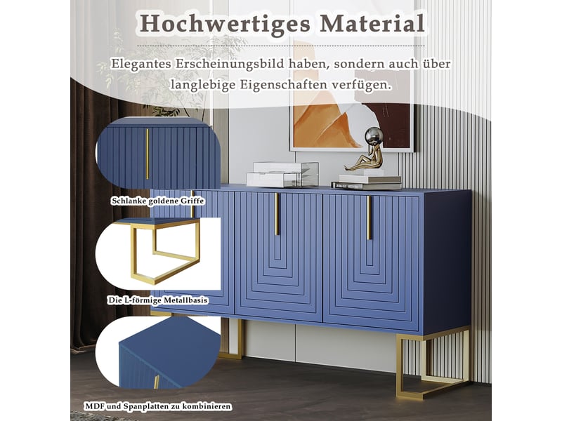  Buffet 3 portes bleu marine, meuble de rangement moderne en mdf avec étagères réglables pour cuisine et salle à manger  - Conforama D