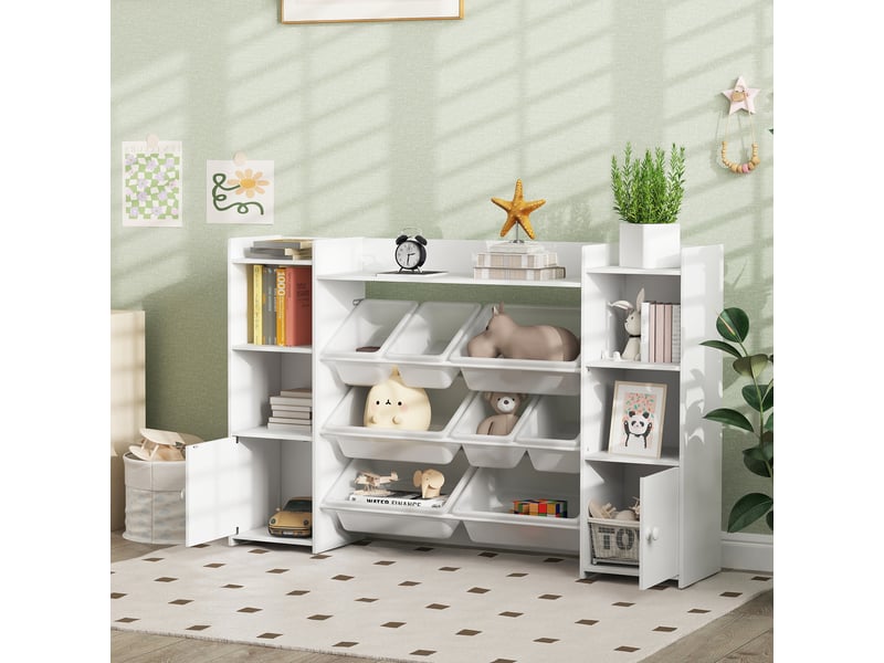  Meuble de rangement pour jouets d'enfants avec 8 bacs et placards amovibles, 140 x 30 x 90 cm, blanc  - Conforama D