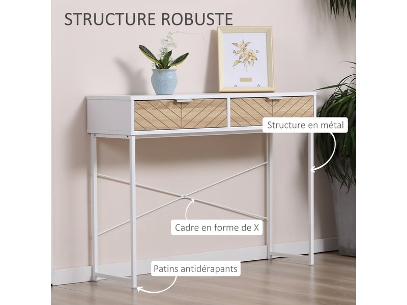  Table console industriel 2 tiroirs aspect bois de chêne sculpté motif à chevrons métal piètement blanc  - Conforama E