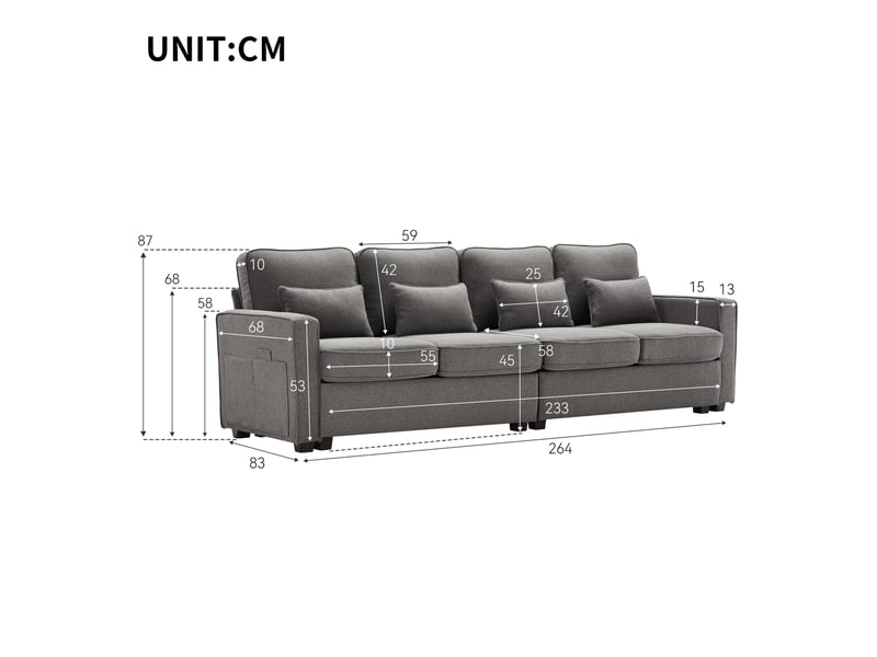  Canapé droit fixe 4 places en tissu gris foncé avec 4 coussins lombaires et poches de rangement latérales  - Conforama C