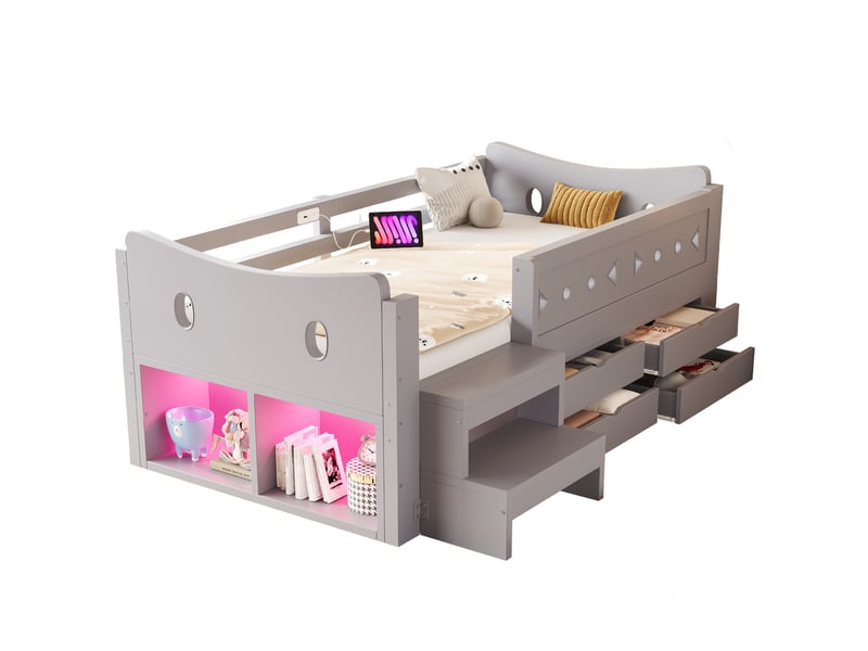 Lit enfant 90 × 200 cm avec 4 tiroirs, 2 niches, barrières de sécurité, led, prises usb et type-c, gris pour chambre - Conforama A