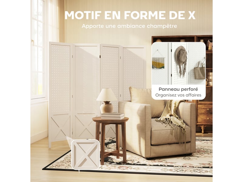  Paravent intérieur en bois 4 panneaux séparateur de pièce pliable panneau perforé blanc 152 x 1,7 x 144,5 cm  - Conforama D