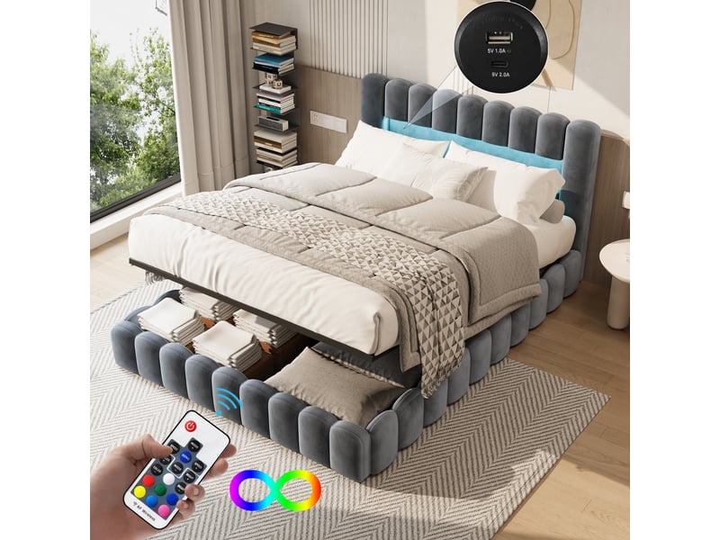 Lit à bulles rembourré 180 x 200 cm, lit hydraulique avec espace de rangement et sommier à lattes, lit double avec éclairage led et ports usb, velours, gris 240309SM0106#ADLyeHWPLQDELLM - Conforama D