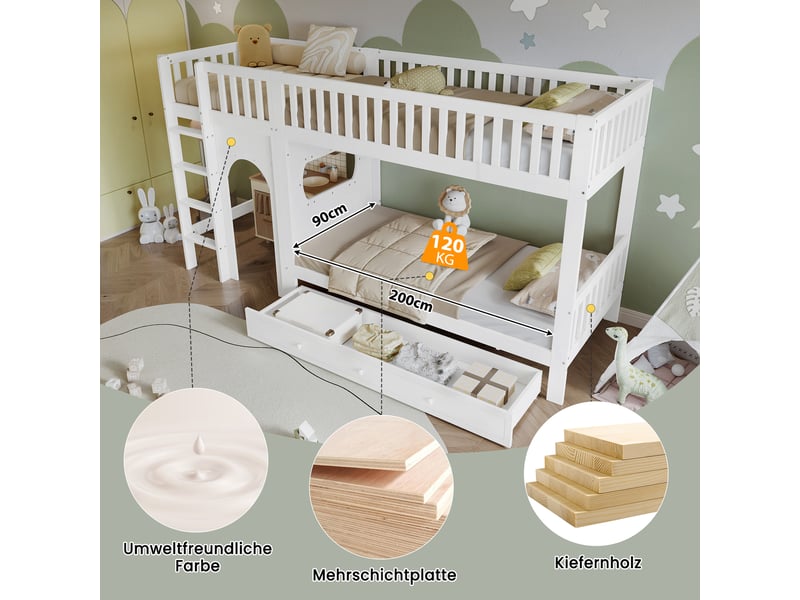  Lit superposé enfant 90x200cm blanc, échelle droite 4 marches, garde-corps 4 côtés, zone créative  - Conforama E