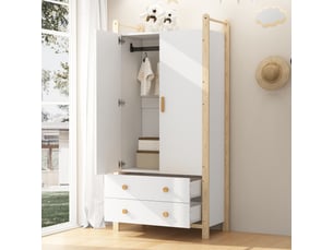 Armoire enfant 2 portes, penderie et 2 tiroirs - blanc et bois naturel - 9e+1 x 45 x 1,8e+2 cm