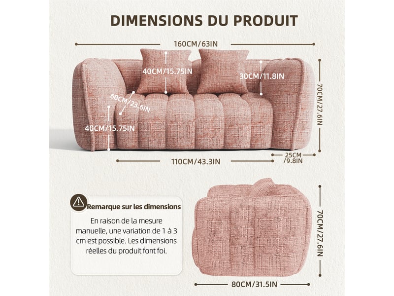  Lexzurn canapé droit compressé fixe,canapé droit fixe,avec coussin,conception ergonomique,profondeur d'assise accrue 60 cm,adapté à de nombreux contextes,base antidérapante  - Conforama B