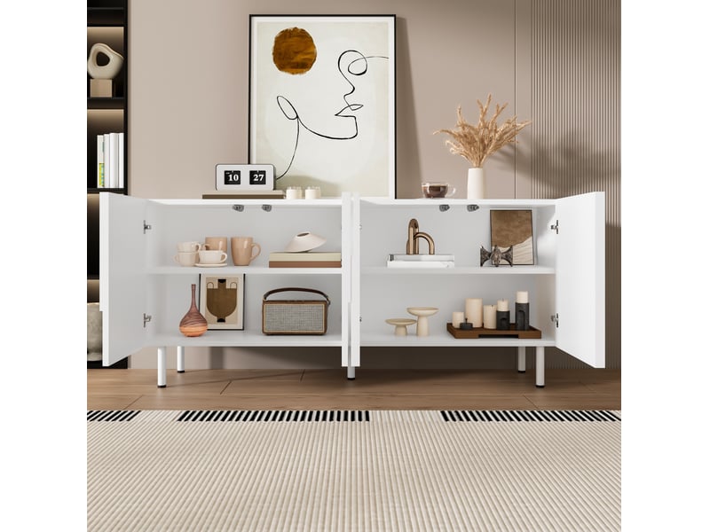 Buffet de salle à manger 160x38,5x70 cm, design géométrique, rangements, mdf et panneau de particules, blanc, salon  - Conforama B