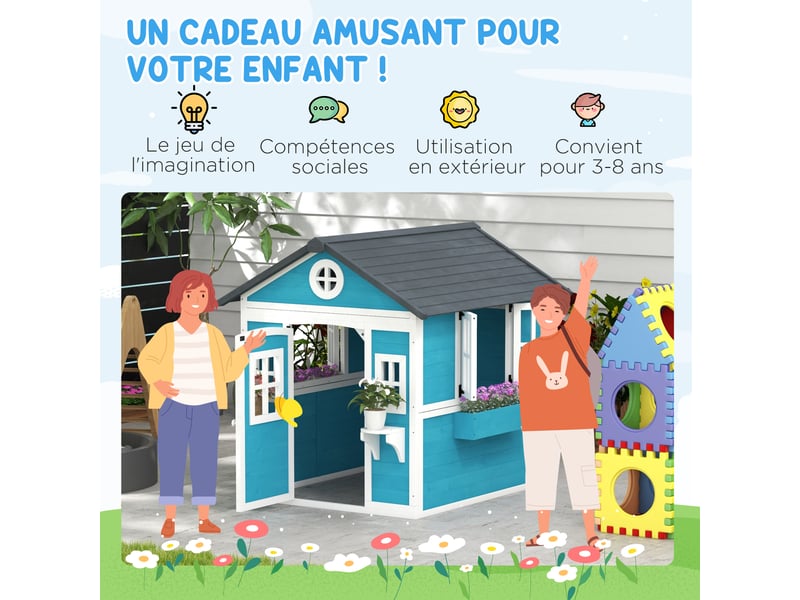  Cabane enfant extérieur maison enfant extérieure avec porte fenêtres et jardinières bleu 114 x 126,4 x 135 cm  - Conforama R
