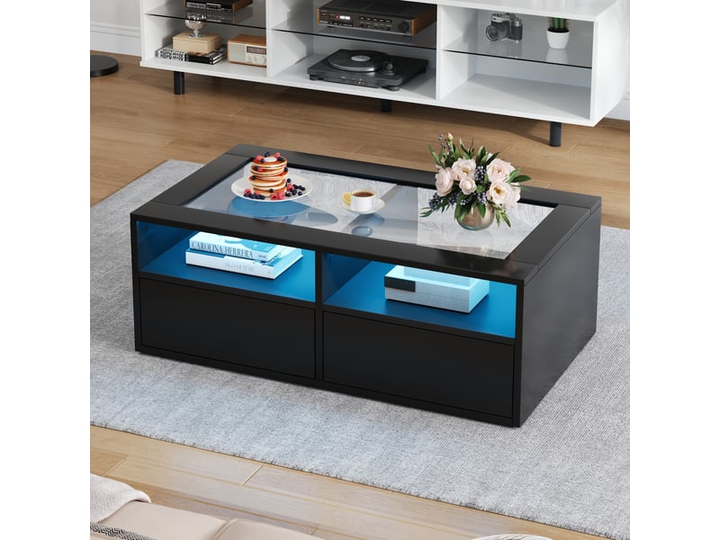 Table basse noire led en verre trempé avec 2 tiroirs et rangement ouvert 100x50x35 cm - Conforama W