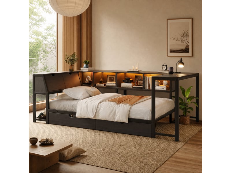 Lit simple 90 × 200 cm avec tête de lit relevable, bureau, 2 tiroirs et éclairage led pour chambre, noir - Conforama B