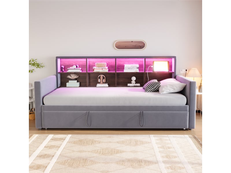  Canapé-lit capitonné 90x190cm avec led, prises et rangements, velours gris foncé, lit extractible  - Conforama D