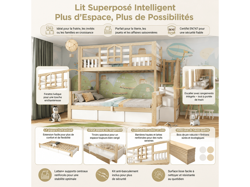  Lit superposé enfant 90x200 cm et 140x200 cm style cabane blanc bois naturel avec fenêtre barrière sécurité escalier rangement coffre hydraulique en747 sans matelas  - Conforama D