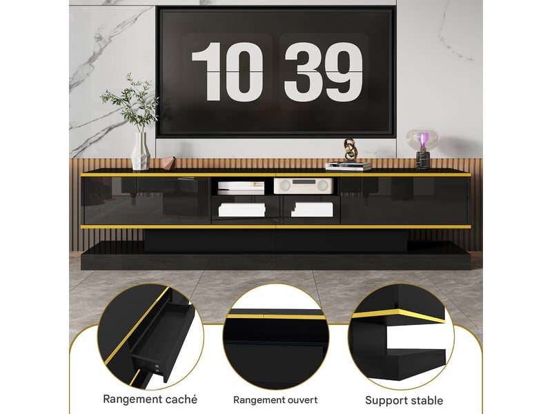  Meuble tv avec 3 tiroirs et led en panneau de particules noir et doré 180x38x45 cm - pangivo  - Conforama D