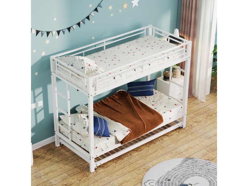 Lit superposé blanc 90x200 en métal, lit enfant avec lit gigogne, cadre de lit robuste et sécurisé, certifié norme en747 - Conforama R