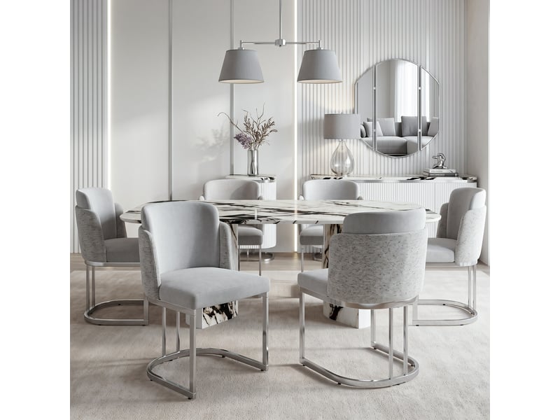  Chaises de salle à manger lot de 6 double dossier ergonomique  - pieds métal chromé, chenille - gris argent  - Conforama B