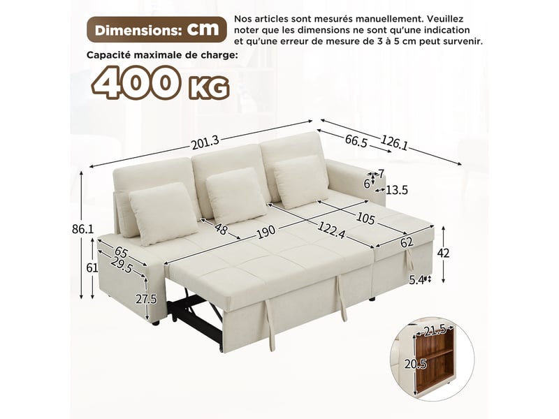  Canapé d’angle convertible en lit 201,3 cm 3 places avec méridienne coffre, porte-gobelet, étagère 2 niveaux, poches latérales, chenille beige  - Conforama D