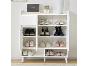 Meuble à chaussures pour l'entrée 12 paires avec 3 portes,1 tiroir,étagères réglables et pieds en bois massif,blanc